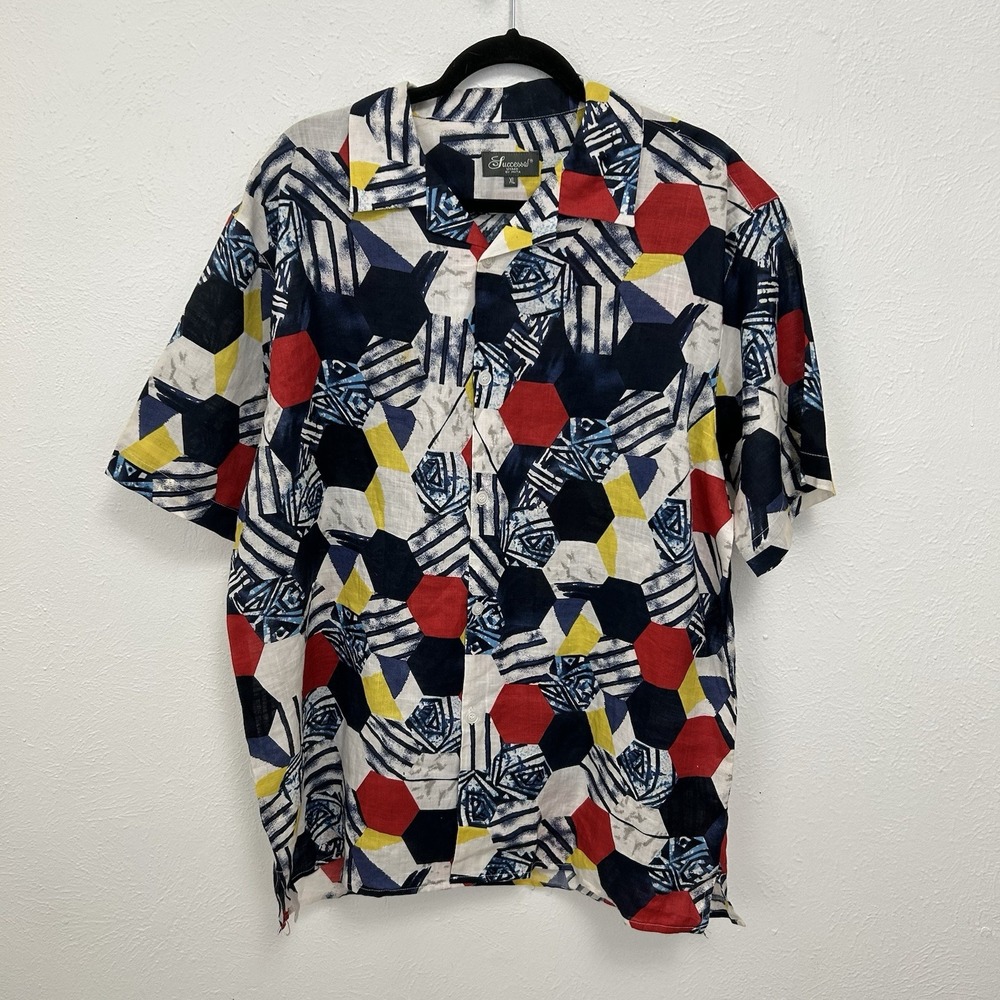 VTG Successo Uomo by Phita Linen Camp Shirt Geometric Print Sz XL ‎ Short Sleeve